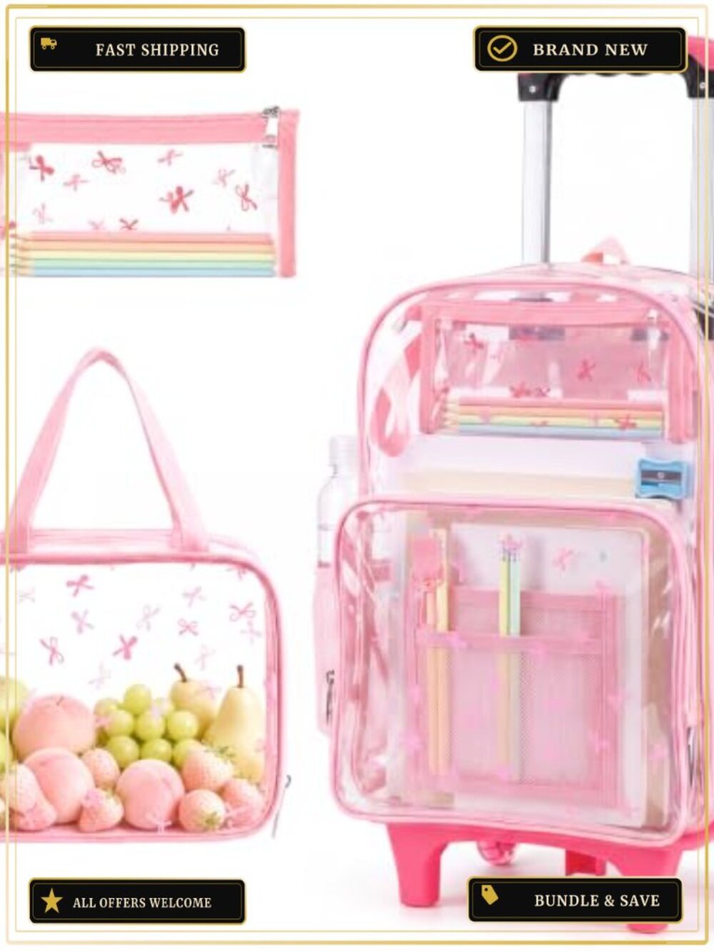 Pink Bow Rolling Backpack Set with Transparent Design, Lunch Bag & Pencil Case